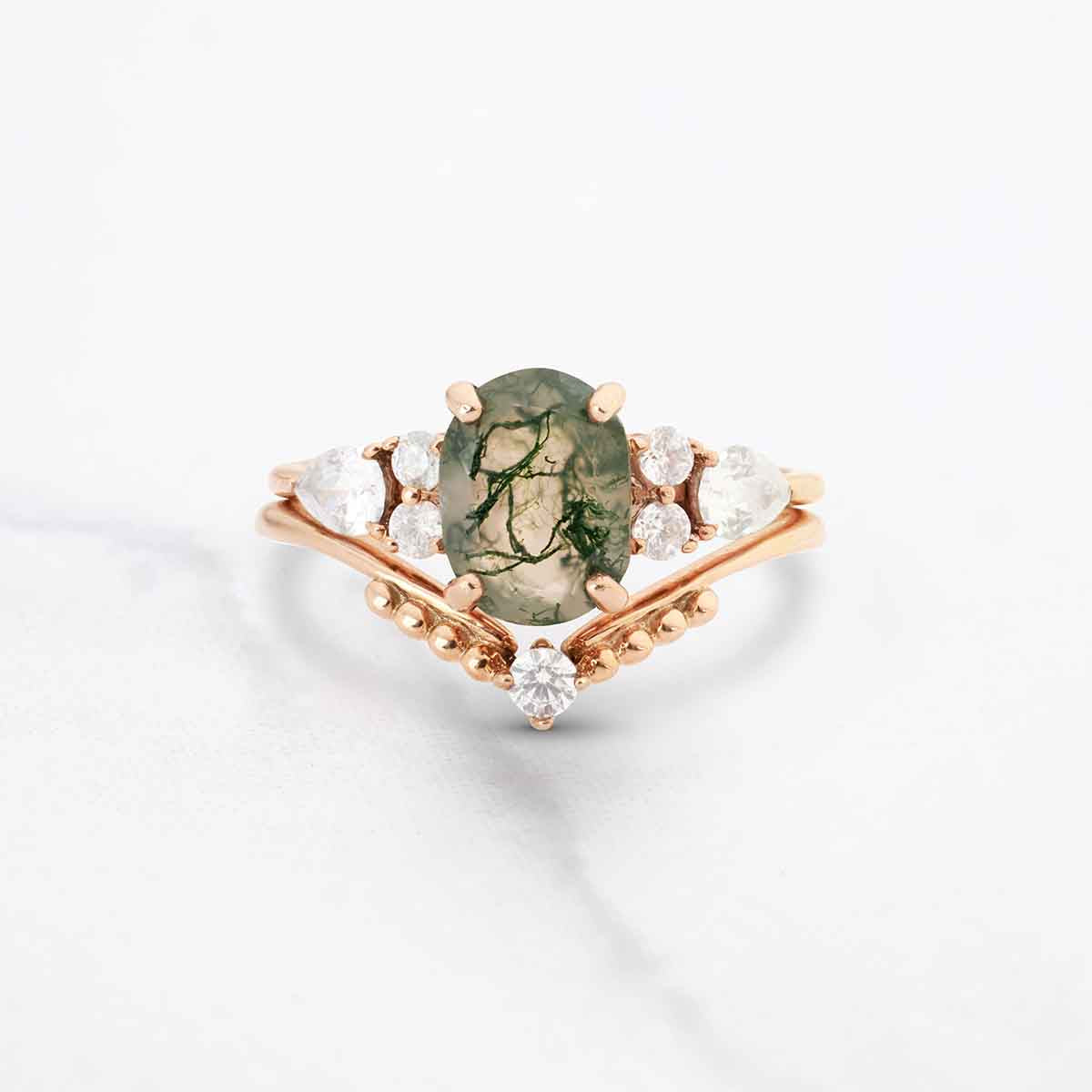 Oval Moss Agate Bridal Ring Set Aesthetic Nature Inspired Jewelry