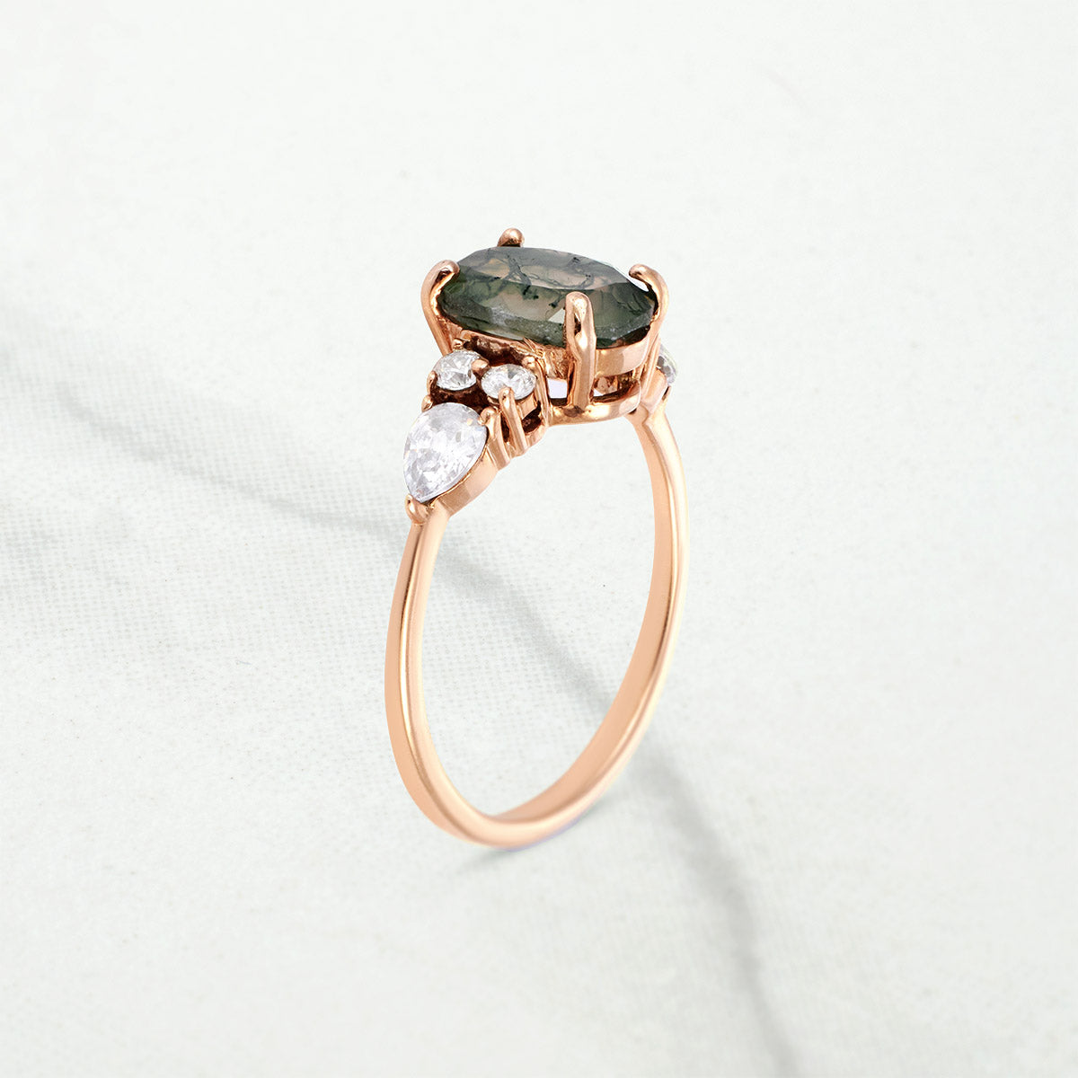Oval Moss Agate Bridal Ring Set Aesthetic Nature Inspired Jewelry