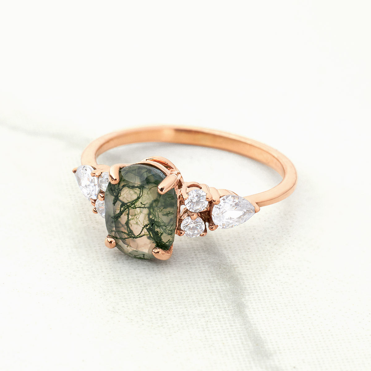 Oval Cut Natural Moss Agate Ring Pear Round Moissanite Unique Gemstone Engagement Ring Rose Gold Sterling Silver