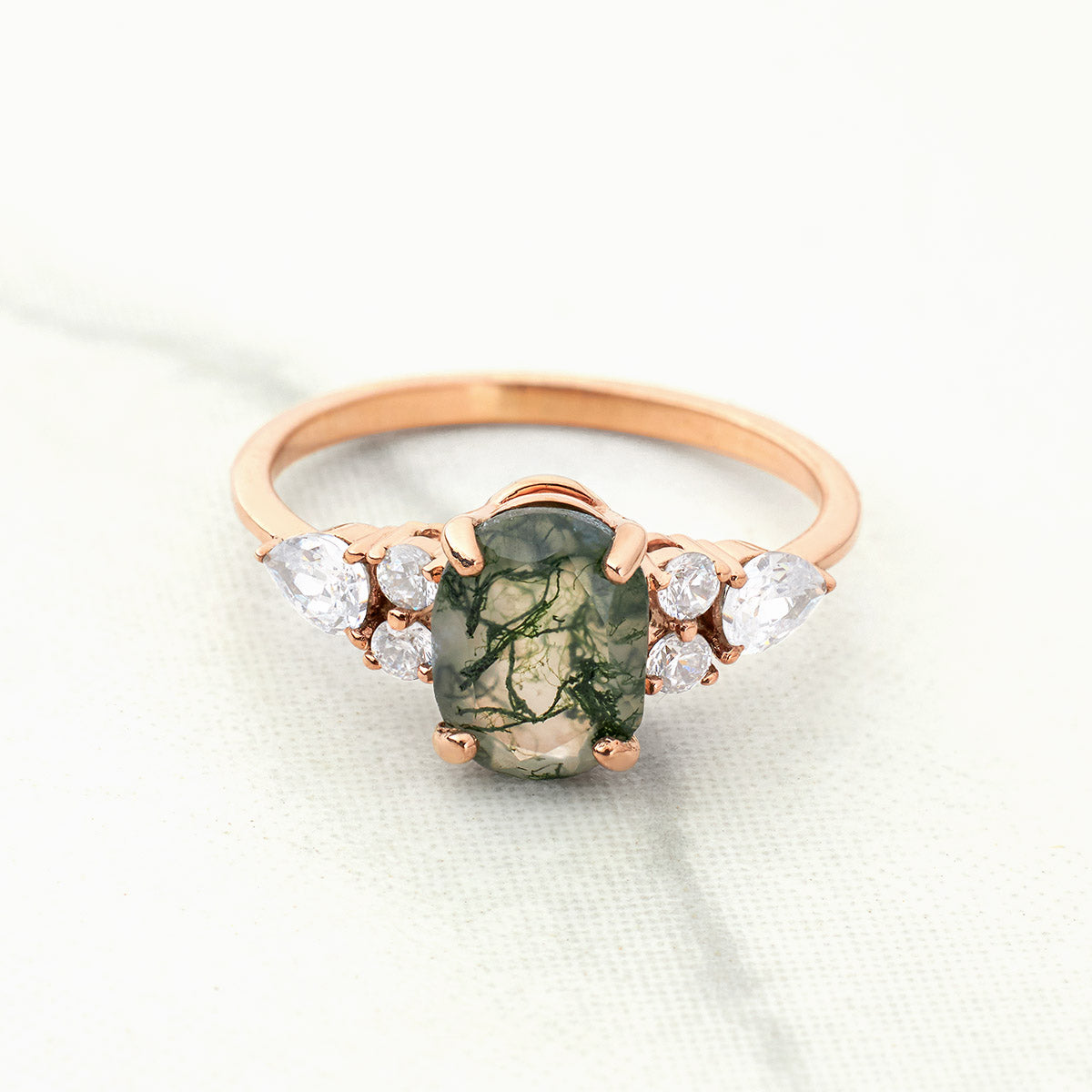 Oval Cut Natural Moss Agate Ring Pear Round Moissanite Unique Gemstone Engagement Ring Rose Gold Sterling Silver