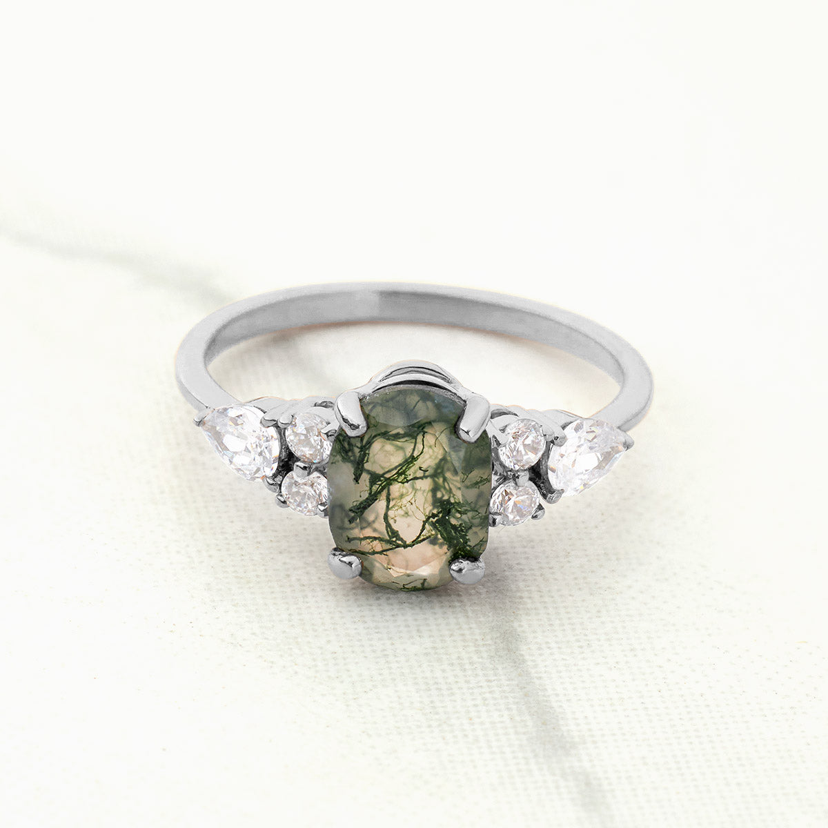 Oval Cut Natural Moss Agate Ring Pear Round Moissanite Unique Gemstone Engagement Ring Rose Gold Sterling Silver