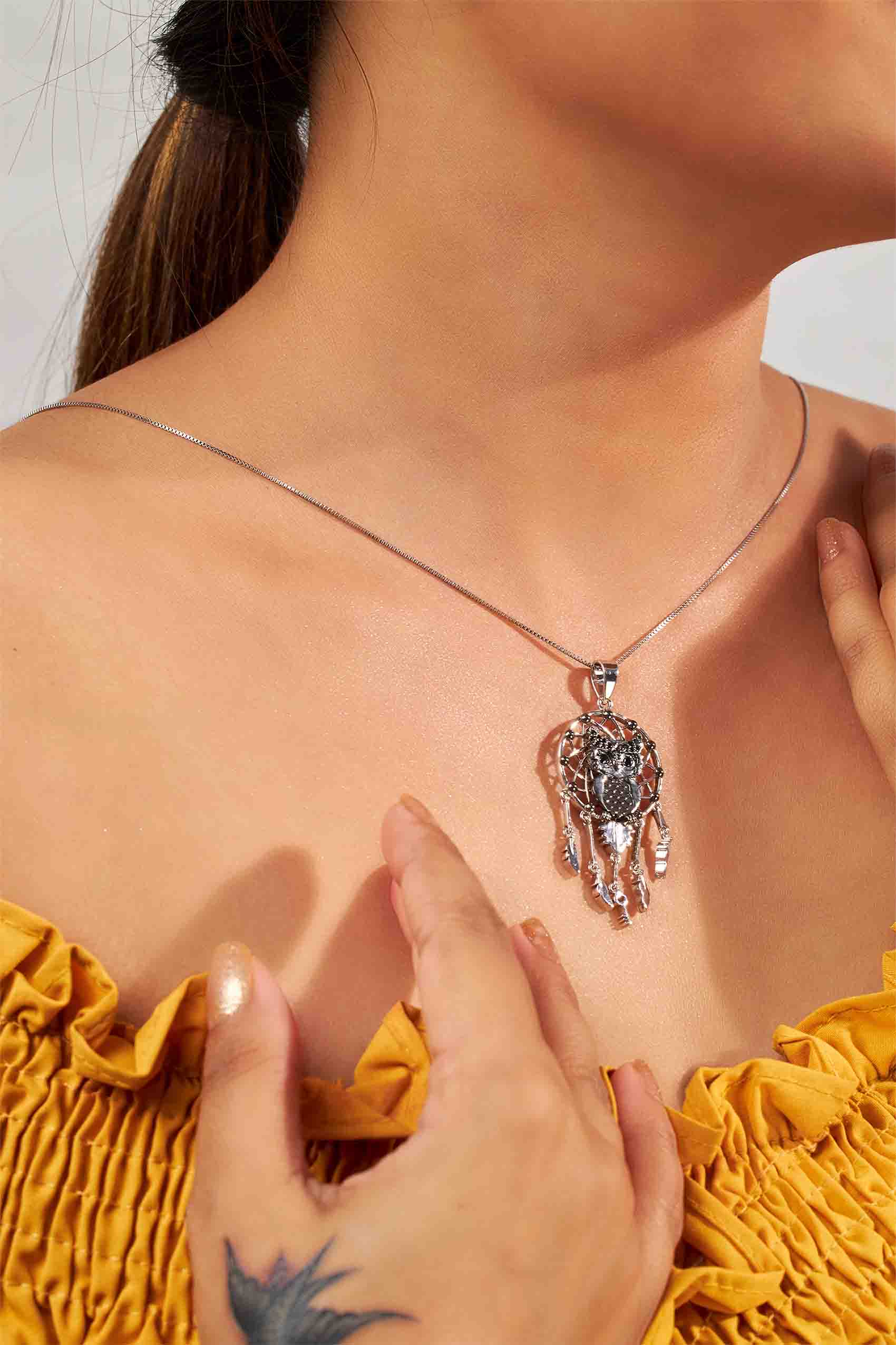Owl Dreamcatcher Pendant Necklace With Chain Protection Pendant Feather Charm Owl Jewelry