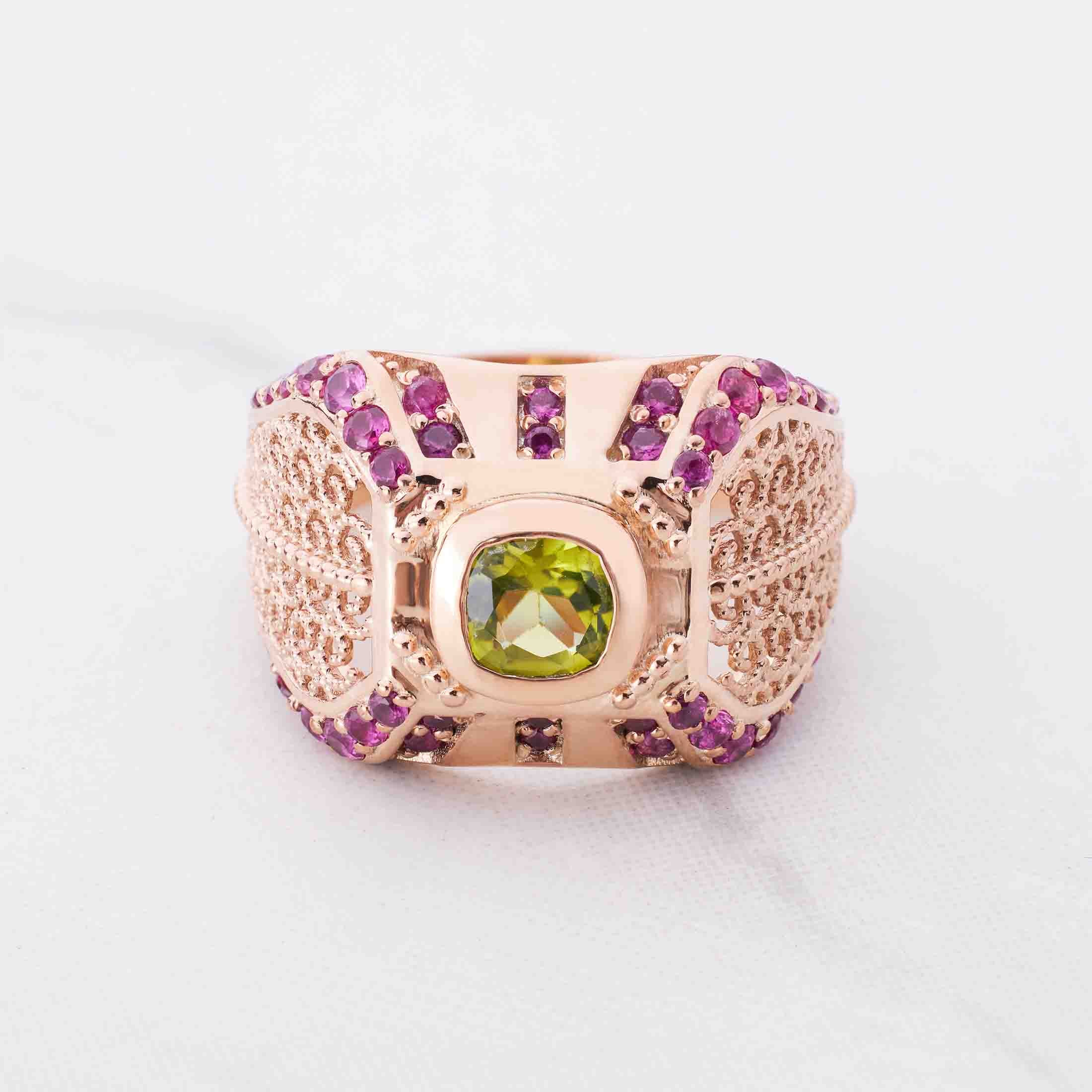 Engagement Ring Filigree Milgrain Art Deco Cocktail Statement Peridot Ruby Gemstone Rose Gold