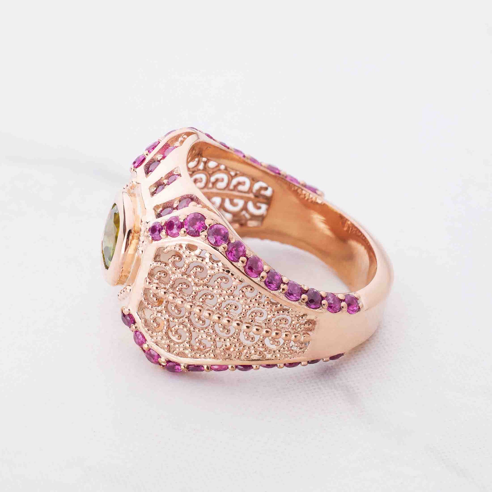Engagement Ring Filigree Milgrain Art Deco Cocktail Statement Peridot Ruby Gemstone Rose Gold
