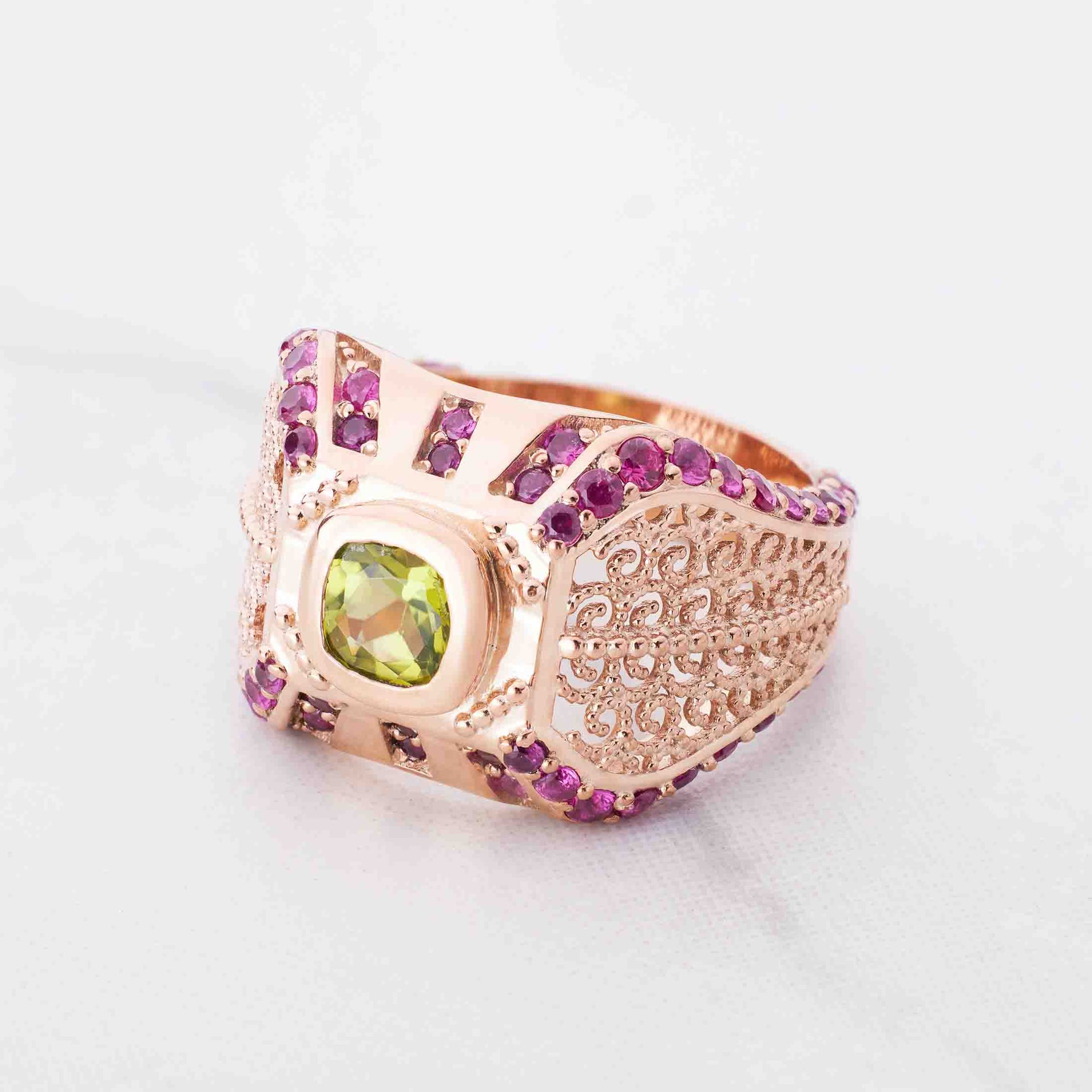 Engagement Ring Filigree Milgrain Art Deco Cocktail Statement Peridot Ruby Gemstone Rose Gold