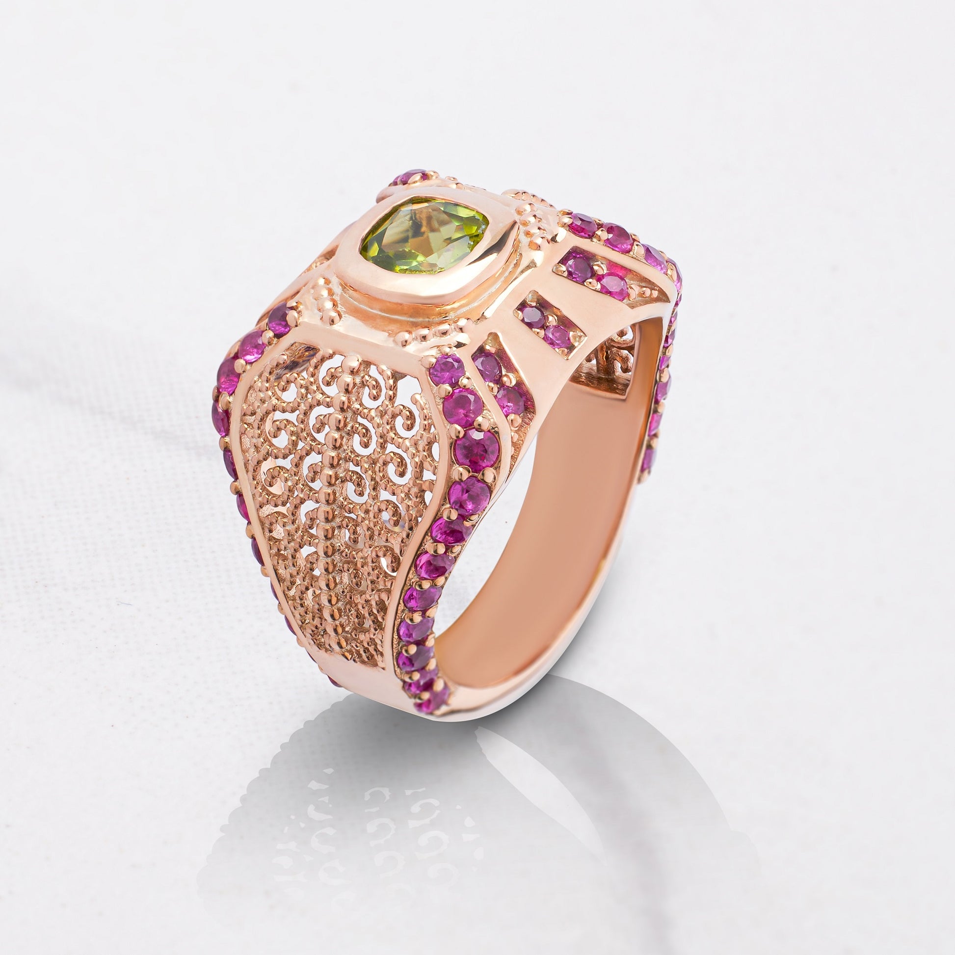 Engagement Ring Filigree Milgrain Art Deco Cocktail Statement Peridot Ruby Gemstone Rose Gold