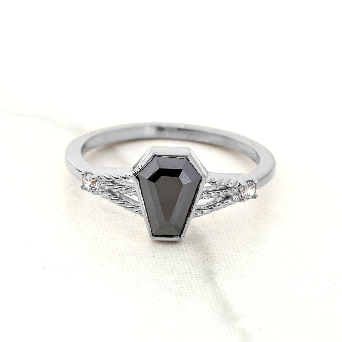 Black Spinel Coffin Ring Coffin Cut Gemstone Engagement Ring Rose gold Sterling Silver