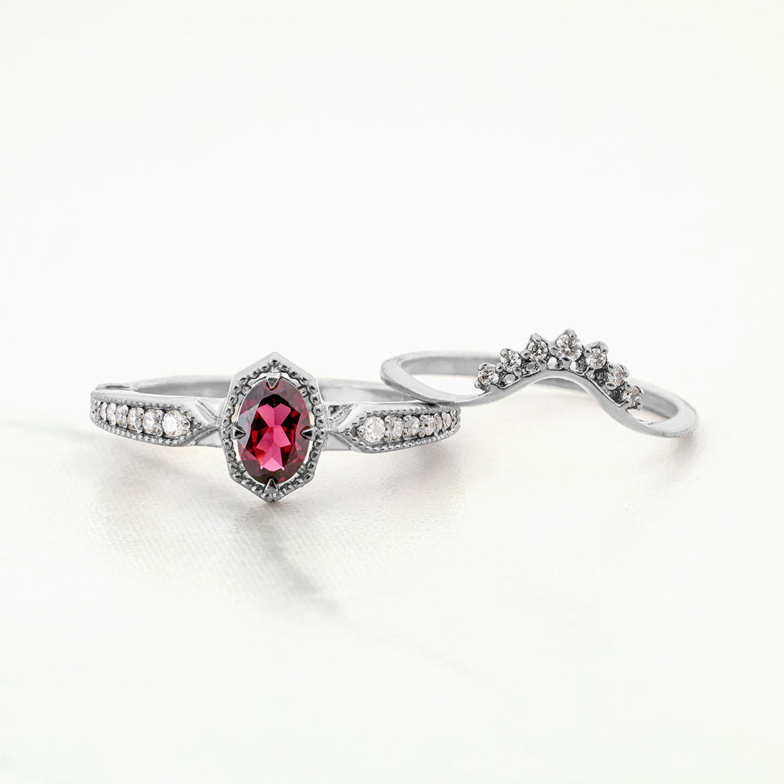 Rhodolite Engagement Ring Set Art Deco Vintage Bridal Rings rose Gold
