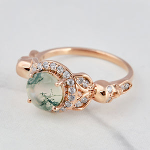 Moss Agate Skull Engagement Ring Womens Leaf Halo Moissanite