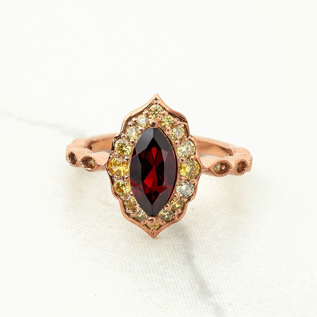 Antique Vintage Engagement Ring Marquise Cut Red Natural Garnet Ring Rose Gold