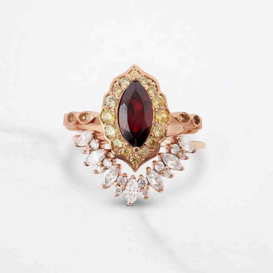 1920's Vintage Inspired Bridal Ring Set Marquise Cut Red Garnet