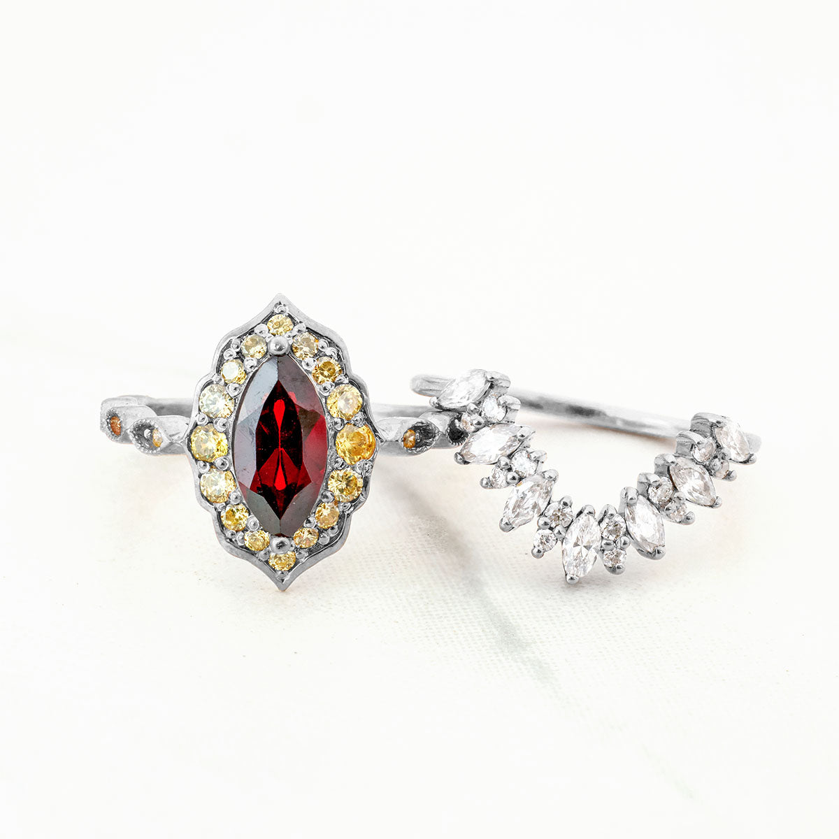 1920's Vintage Inspired Bridal Ring Set Marquise Cut Red Garnet