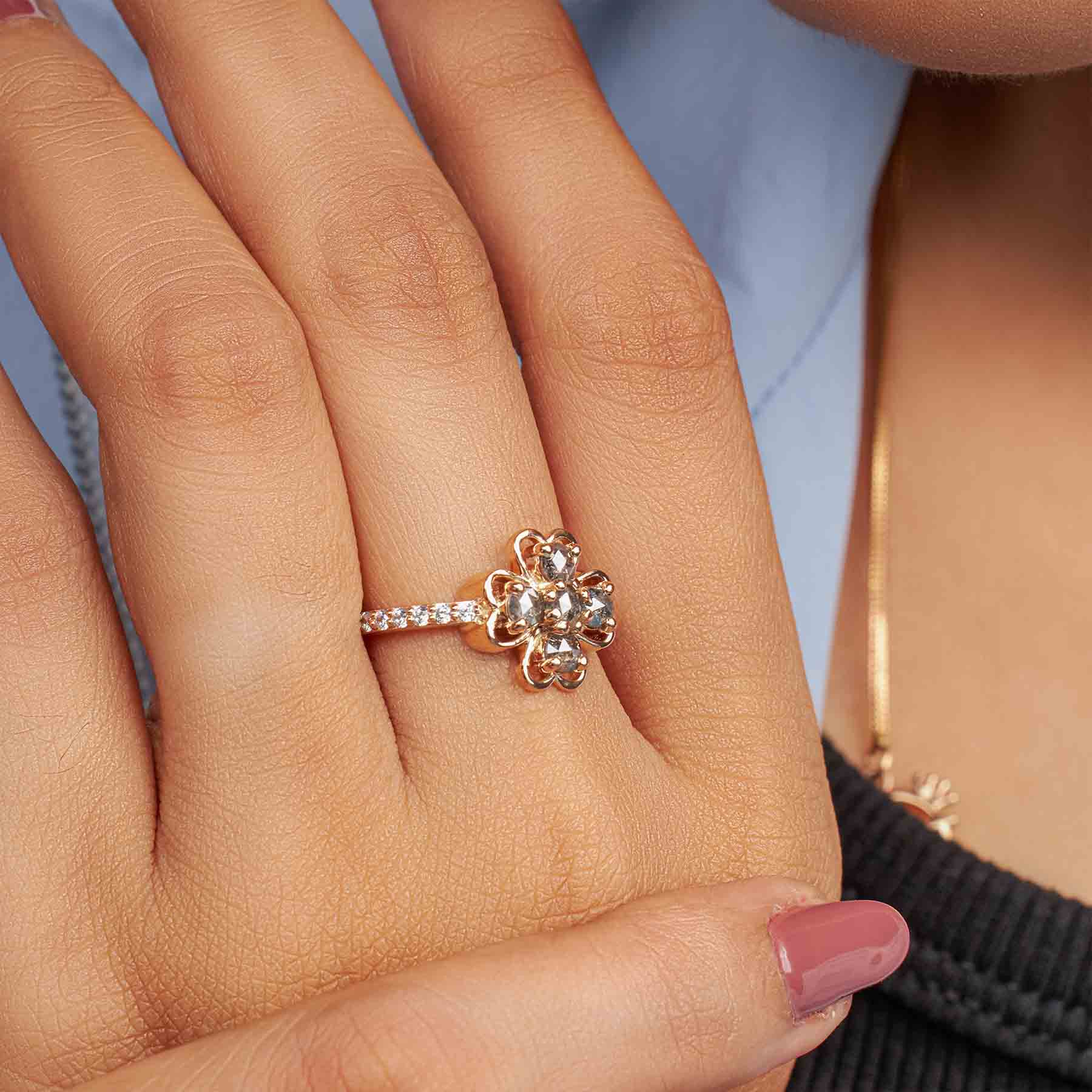 Salt and Pepper Natural Diamond Flower Romantic Anniversary Ring Gift