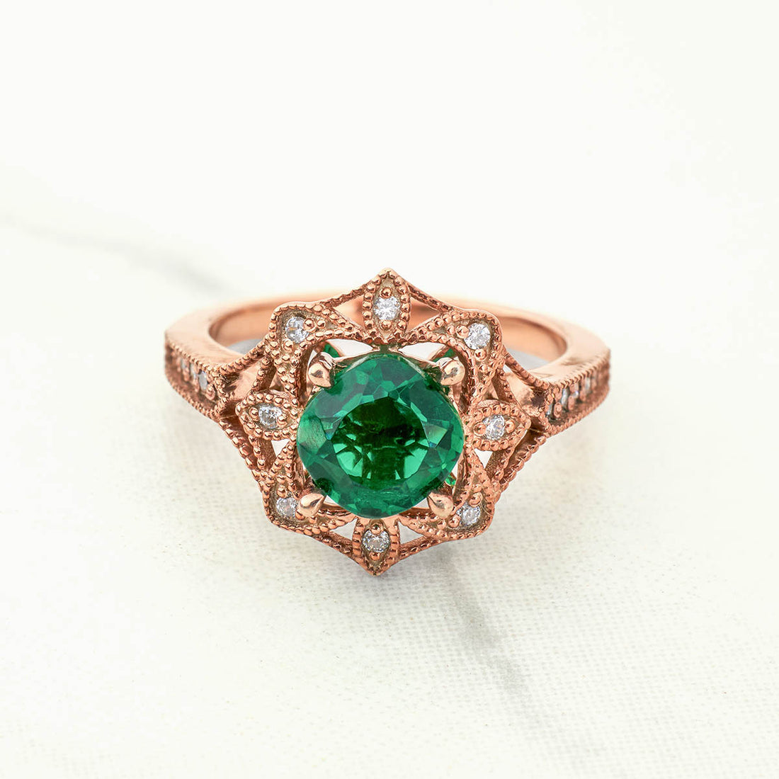Women's Vintage Engagement Rings Cushion Cut Green Emerald Milgrain Art Deco Rose Gold