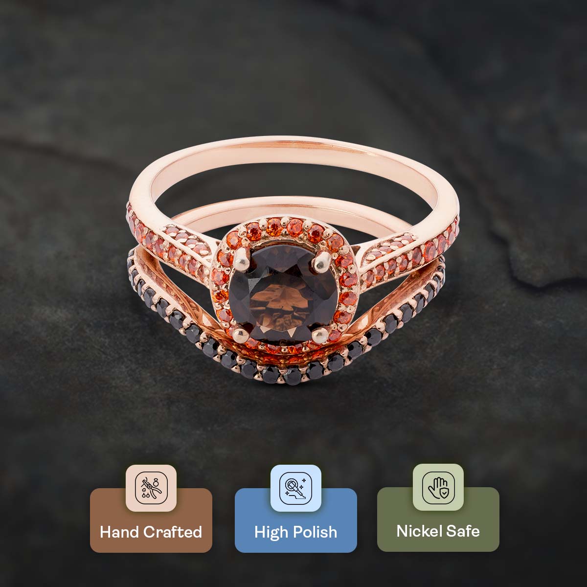 Smoky Quartz Engagement Ring Set Halo Multi-Colored Gemstone