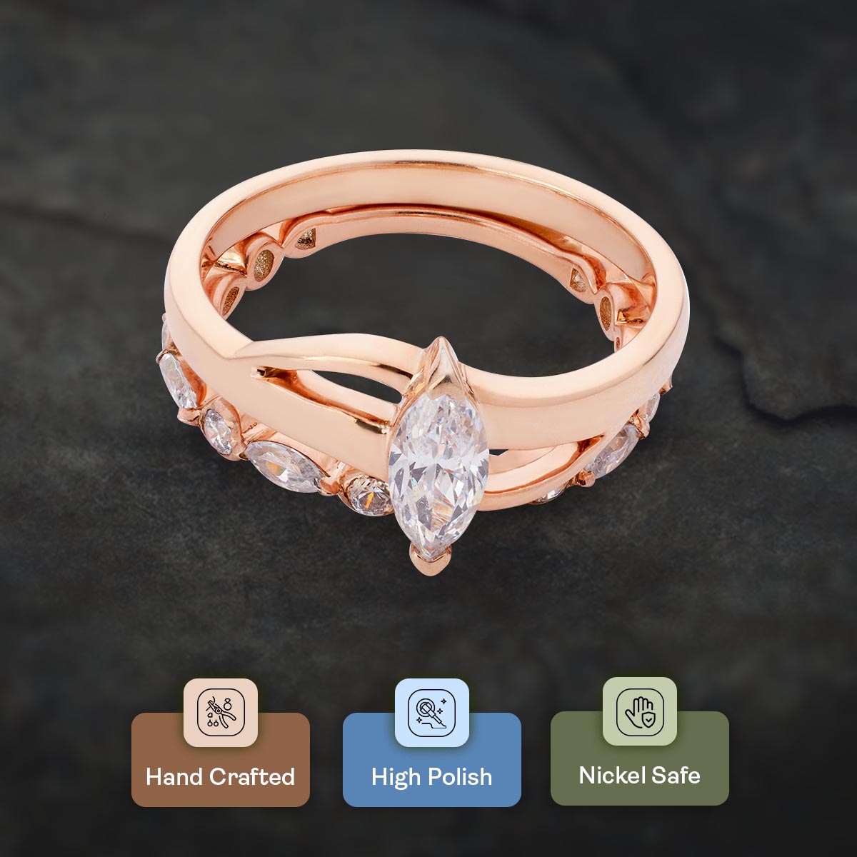 Marquise Diamond Ring Set Rose Gold Solitaire Bridal Rings Set