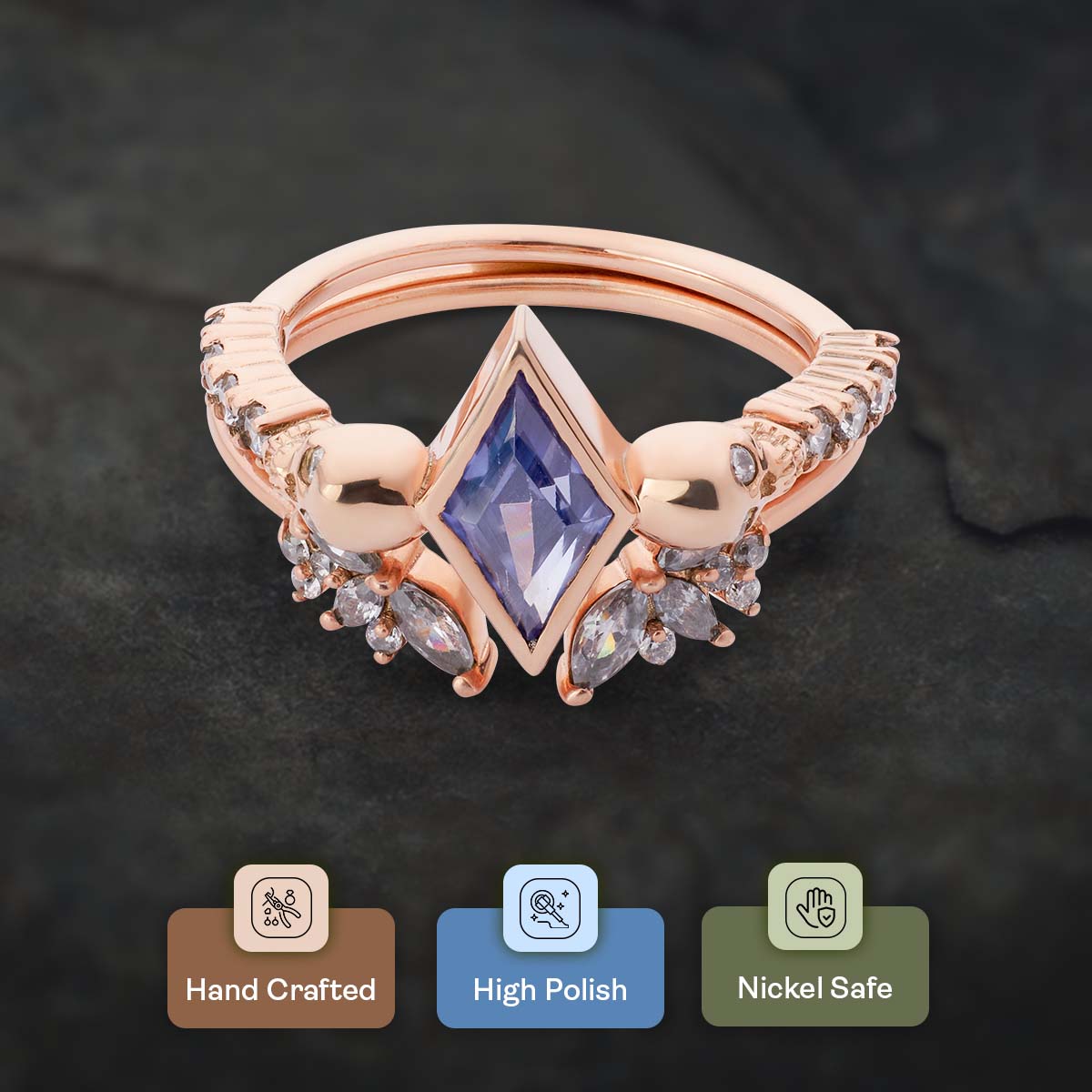 Blue Titanic Gemstone Skull Ring Set Gothic Engagement Wedding Ring Rose Gold Kite Cut