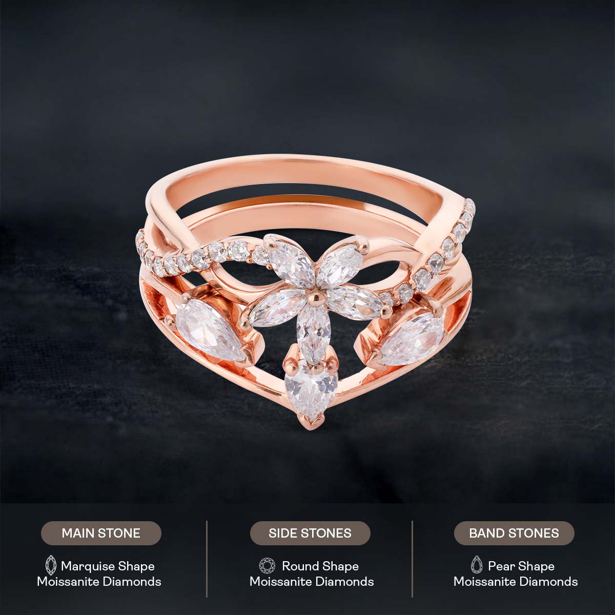 Blossom Flower Engagement Ring Set 3 Stone Wedding Band Bridal Sets Rose Gold