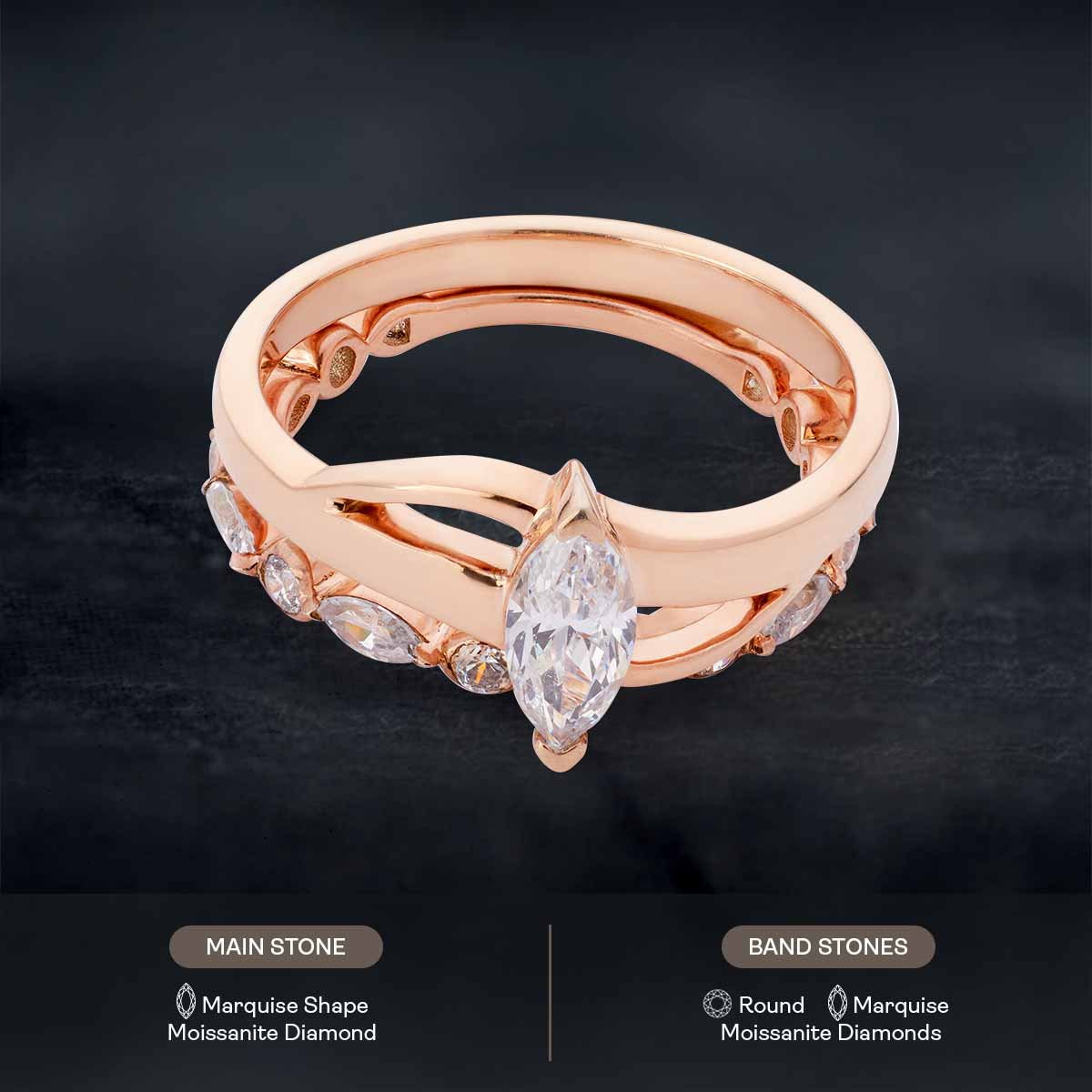Marquise Diamond Ring Set Rose Gold Solitaire Bridal Rings Set