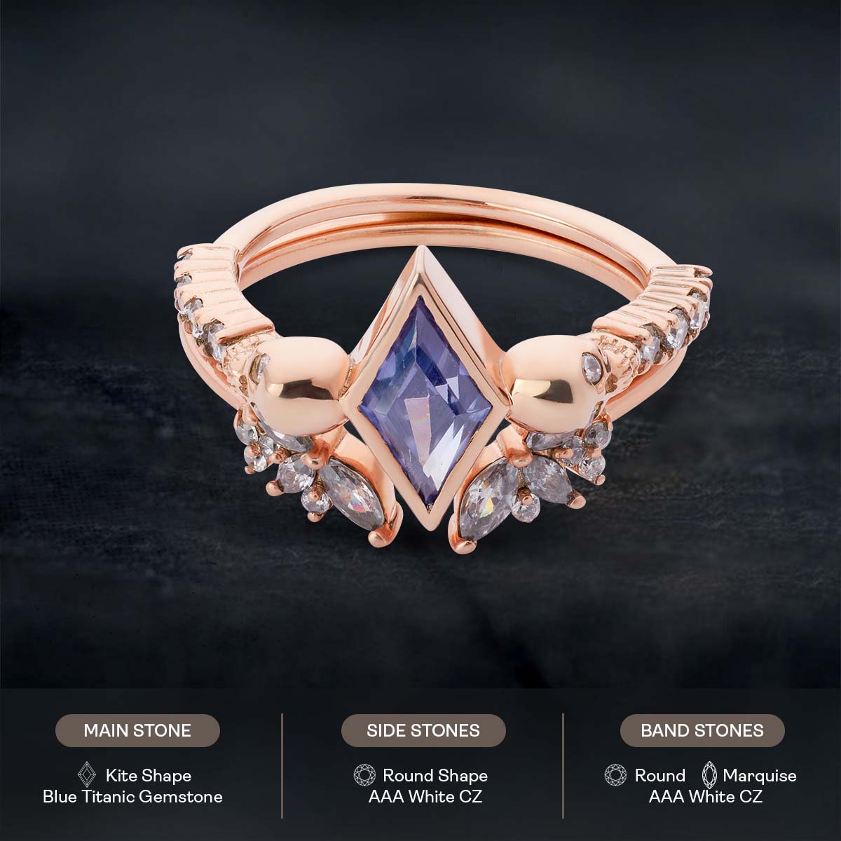Blue Titanic Gemstone Skull Ring Set Gothic Engagement Wedding Ring Rose Gold Kite Cut