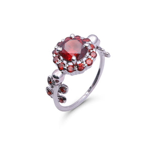 Halo Garnet Skull Promise Ring Solid 14KT White Gold Skull Ring