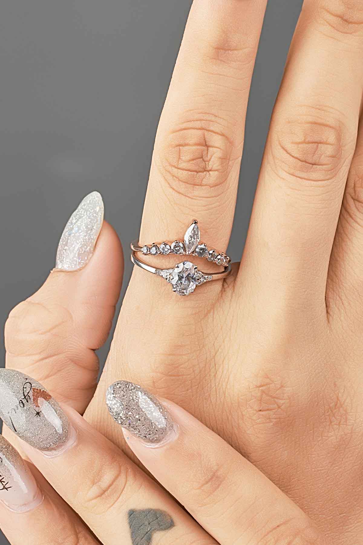 Marquise Curved Wedding Band Women Vintage Engagement Enhancer Ring Silver