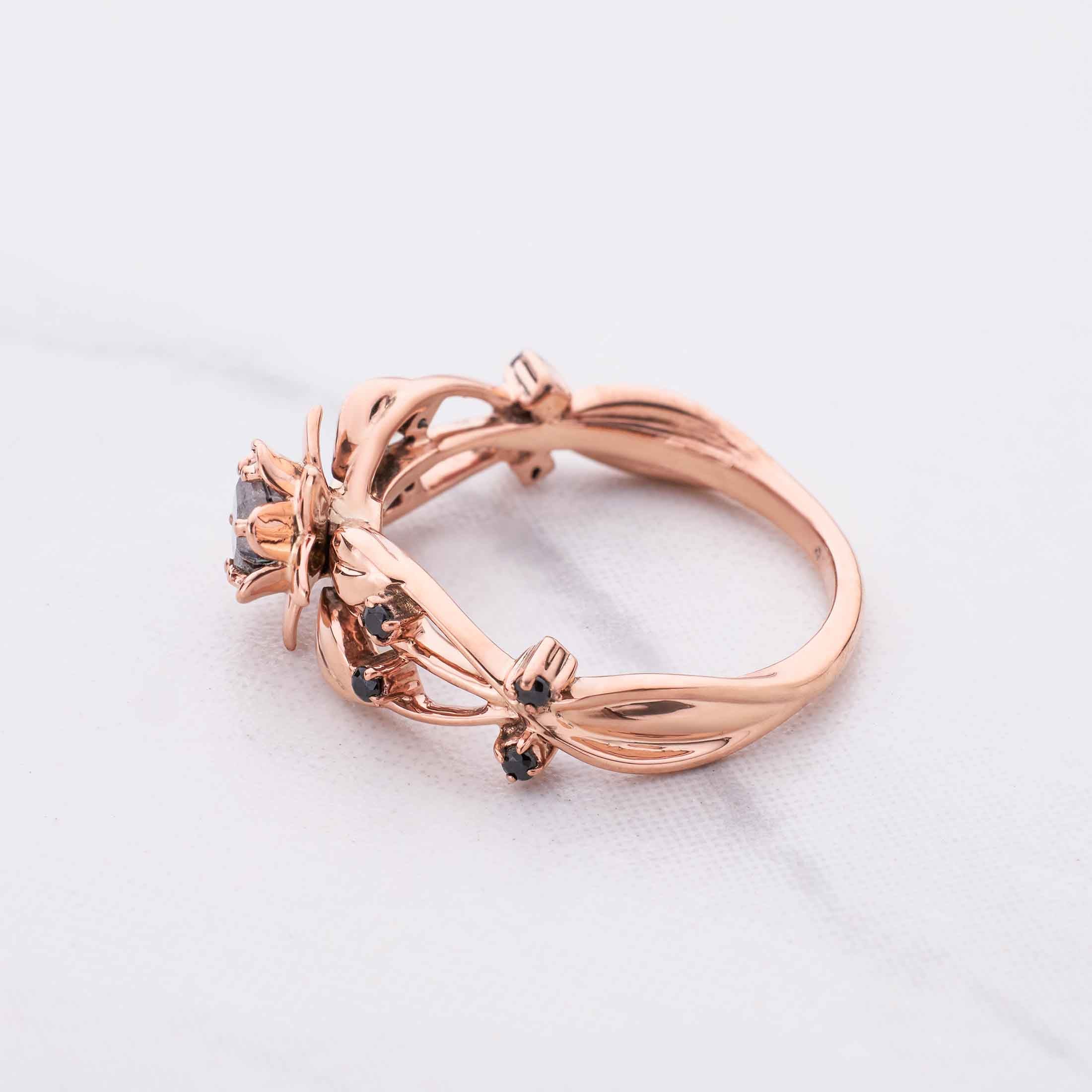 Hexagon Cut Black Natural Spinel Gemstone Engagement Ring Rose Gold Flower Art Nouveau Nature Inspired