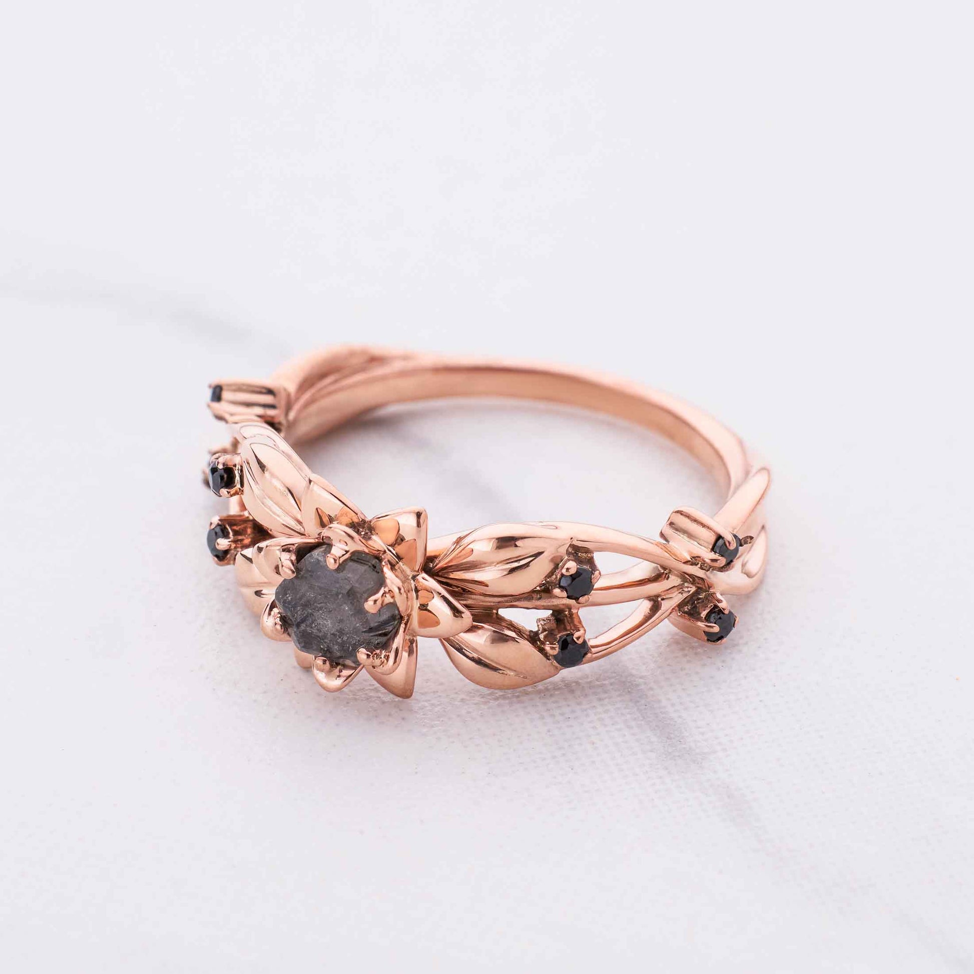 Hexagon Cut Black Natural Spinel Gemstone Engagement Ring Rose Gold Flower Art Nouveau Nature Inspired