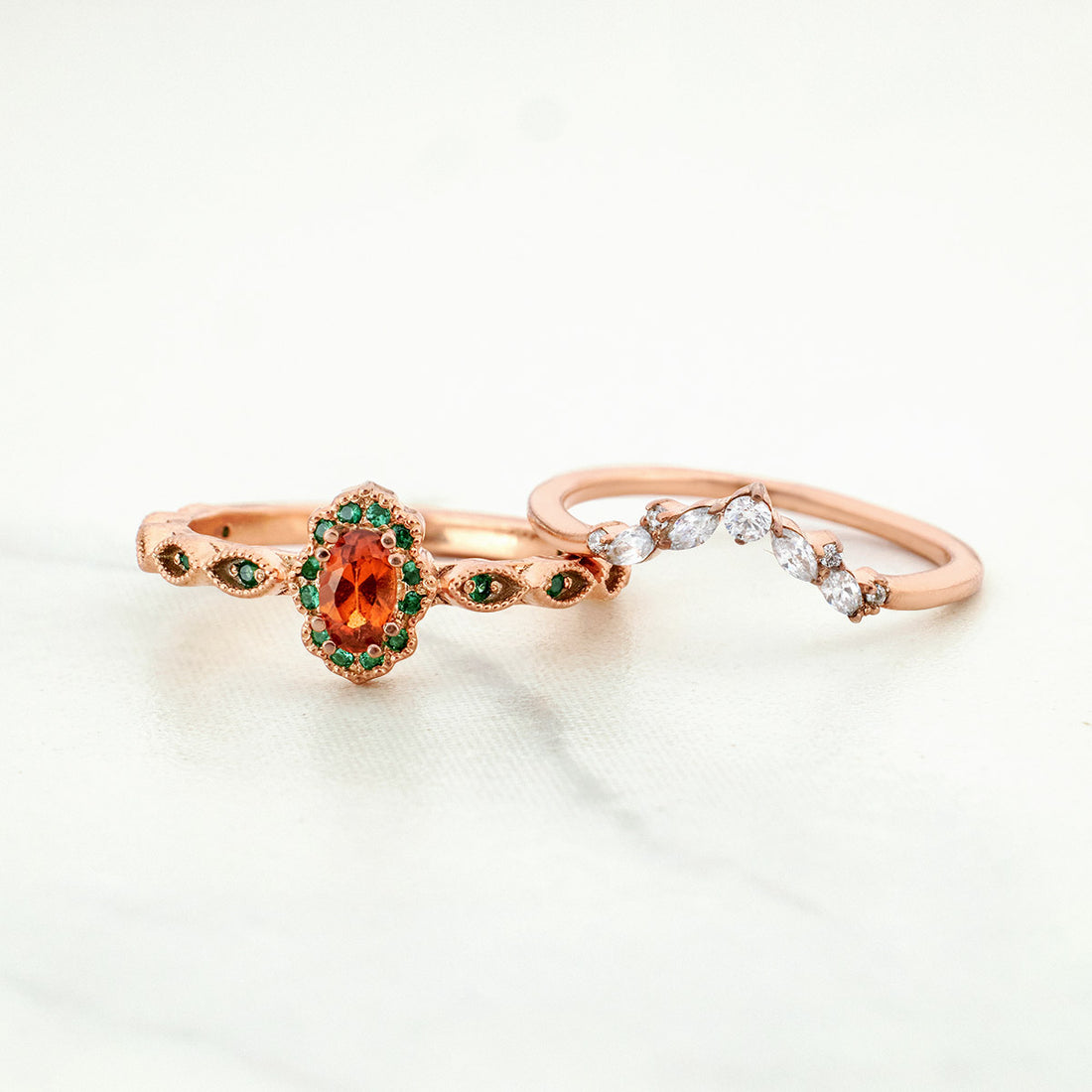 Hessonite Art Deco Engagement Ring Set Vintage Wedding Rings