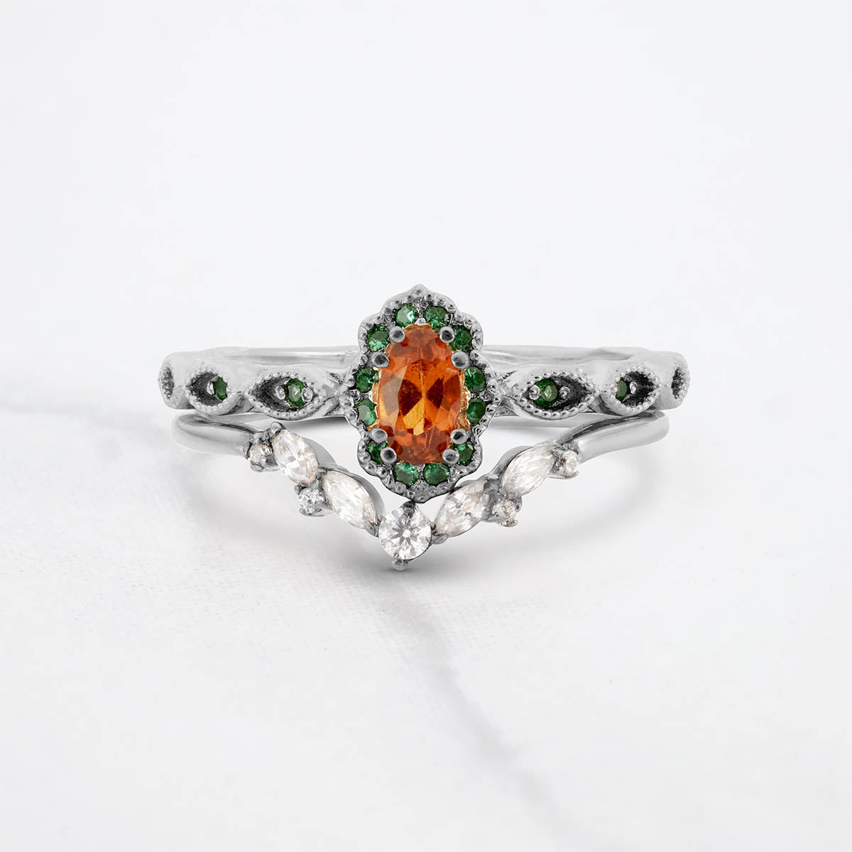 Hessonite Art Deco Engagement Ring Set Vintage Wedding Rings