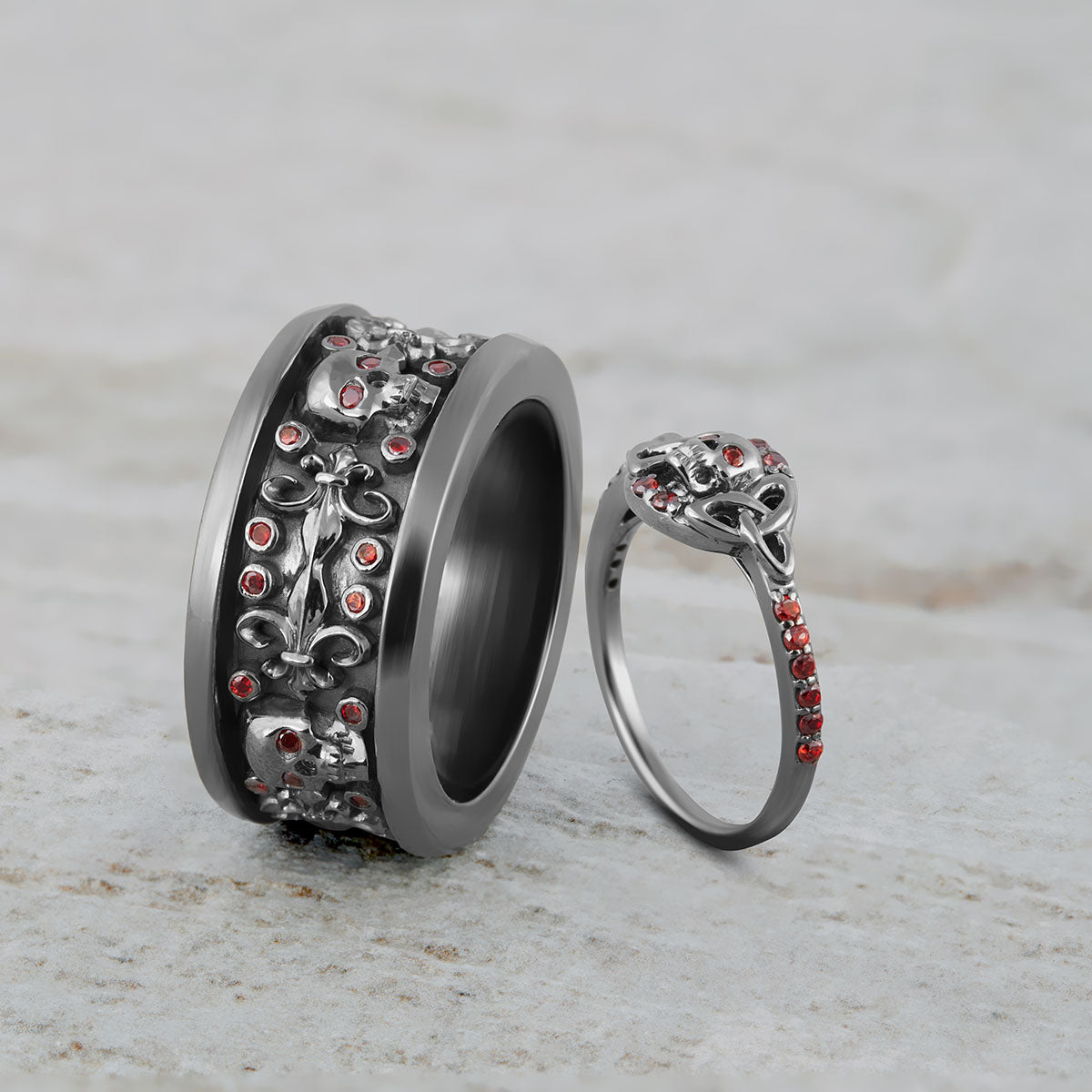 Floral Skull Wedding Ring Set