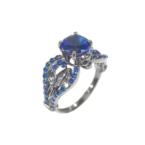 Sapphire Leaf Skull Ring Gothic Engagement Ring Gun Metal Fn