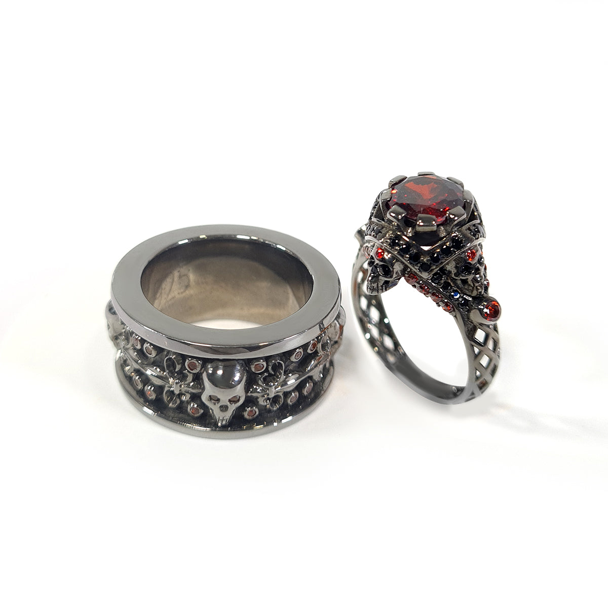 Red Garnet Matching Skull Rings His and Her Vampire Fleur De Lis