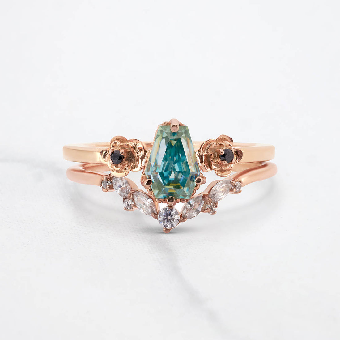 Colored Moissanite Coffin Engagement Ring Set 18k Rose Gold