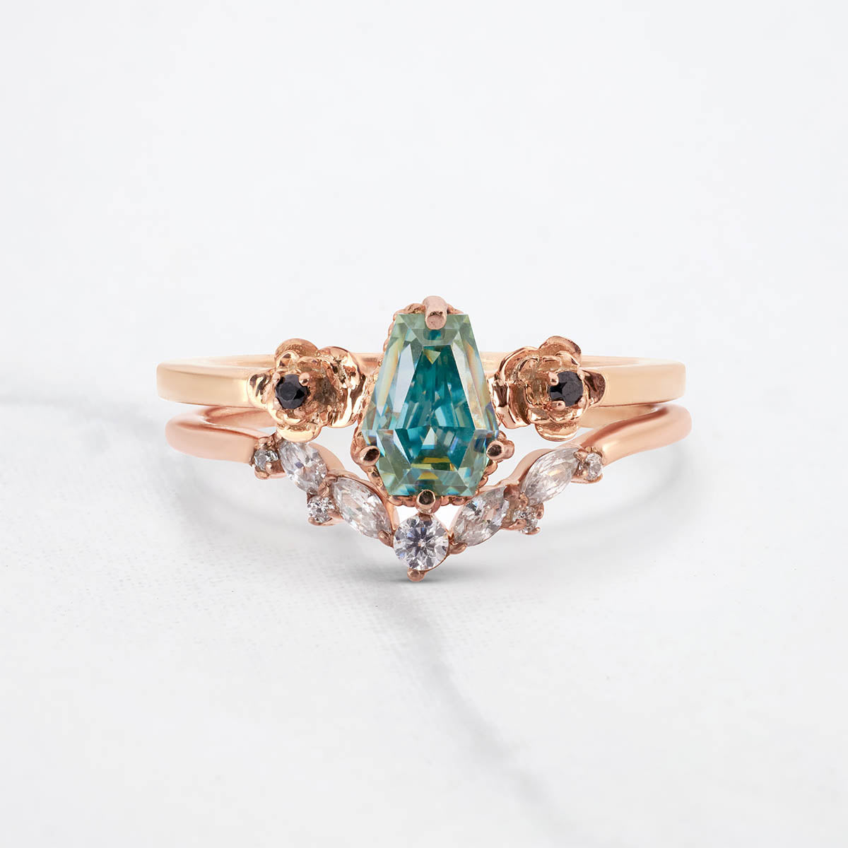 Colored Moissanite Coffin Engagement Ring Set 18k Rose Gold