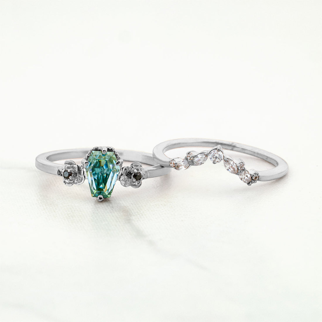 Colored Moissanite Coffin Engagement Ring Set 18k Rose Gold