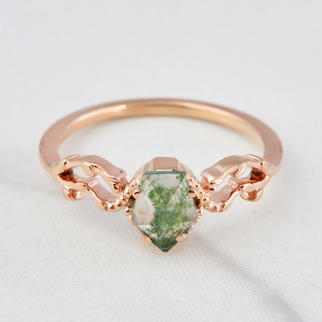 Shield Cut Moss Agate Promise Ring