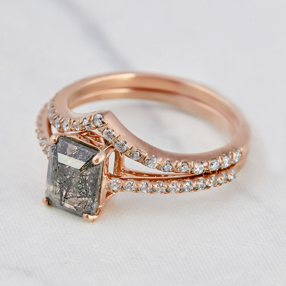 Rutilated Quartz Wedding Ring Set Emerald Cut Engagement Ring