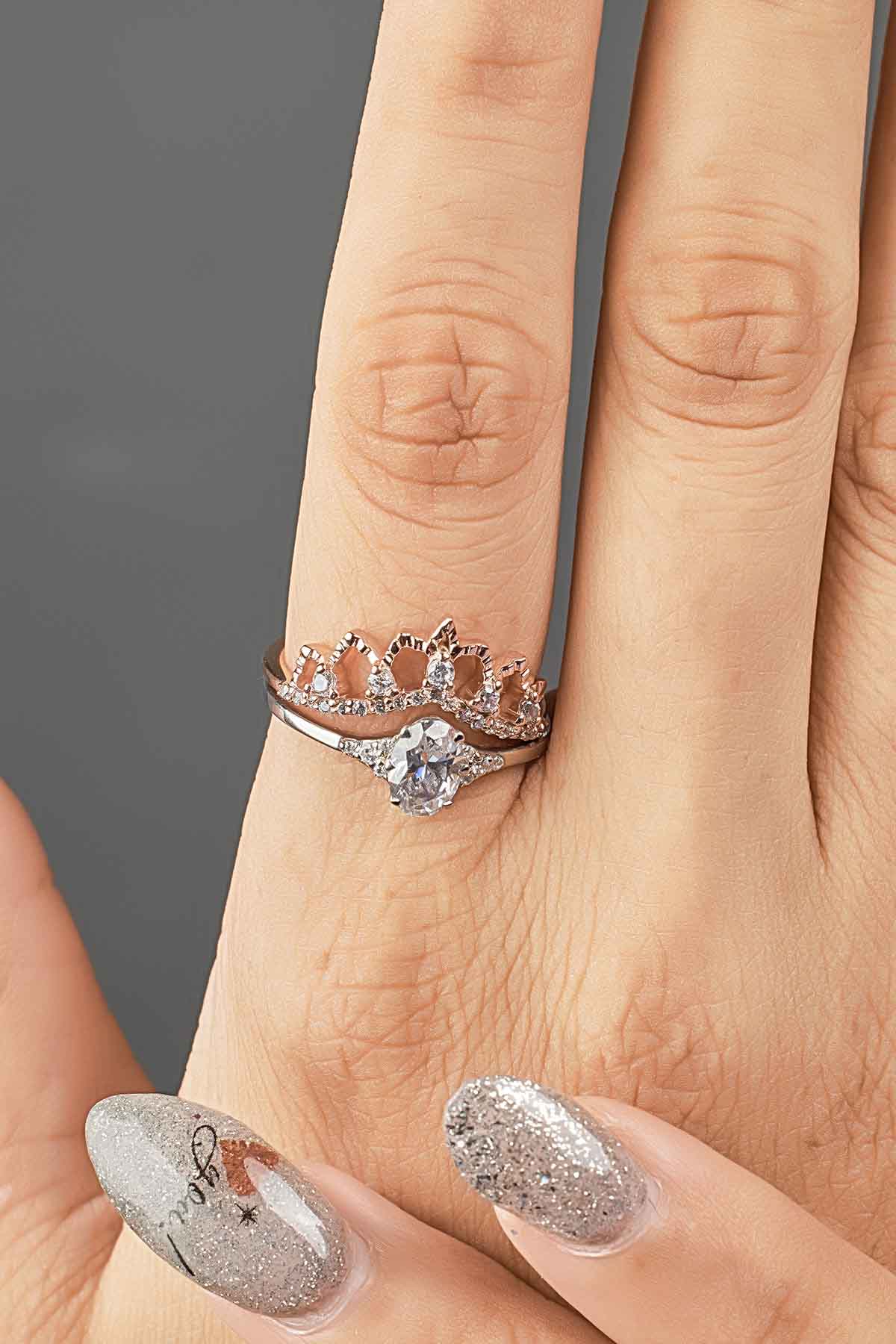 Art Deco Ring Enhancer CZ Tiara Wedding Band Crown Engagement Ring Rose Gold