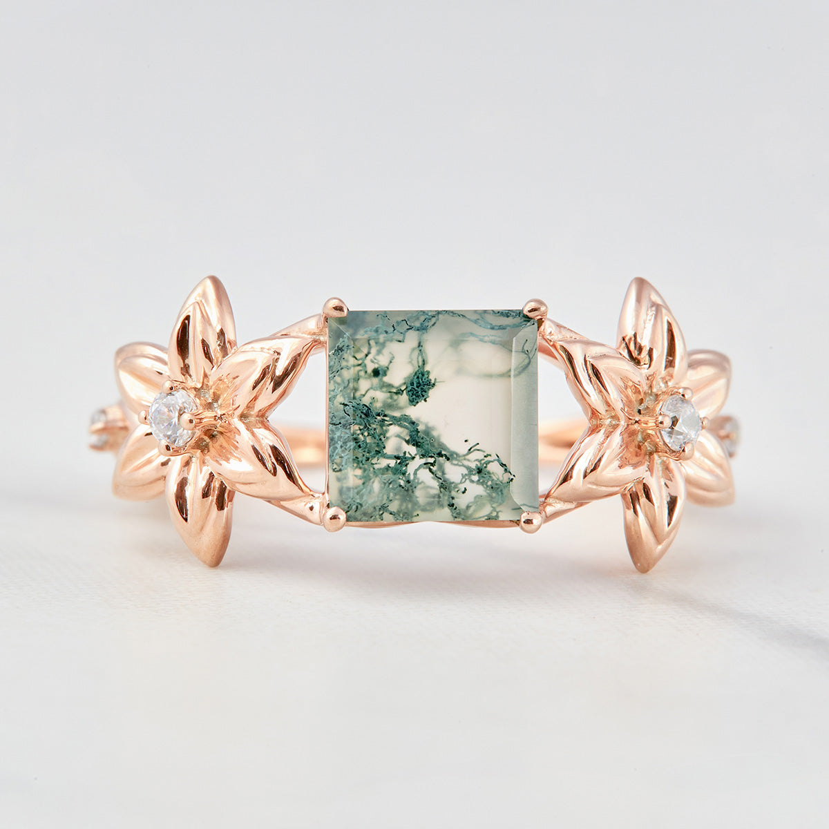 Flower Moss Agate Engagement Rings Nature Inspired Bridal Sets