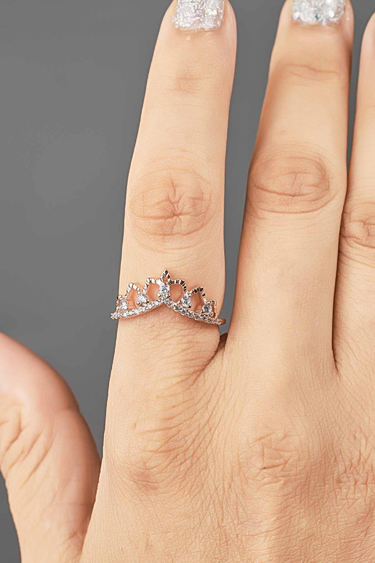Art Deco Ring Enhancer CZ Tiara Wedding Band Crown Engagement Ring Rose Gold