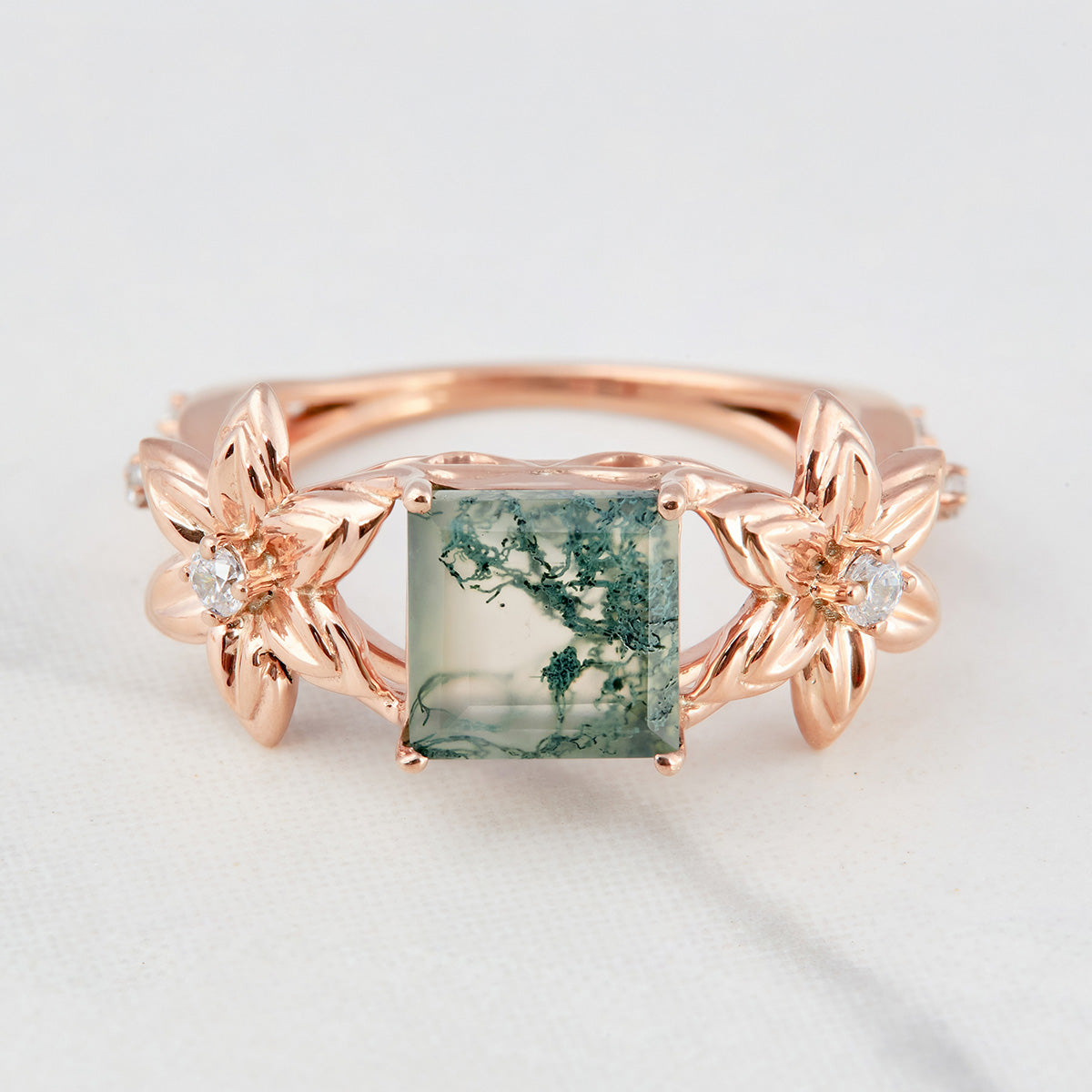 Moss Agate Flower Engagement Ring