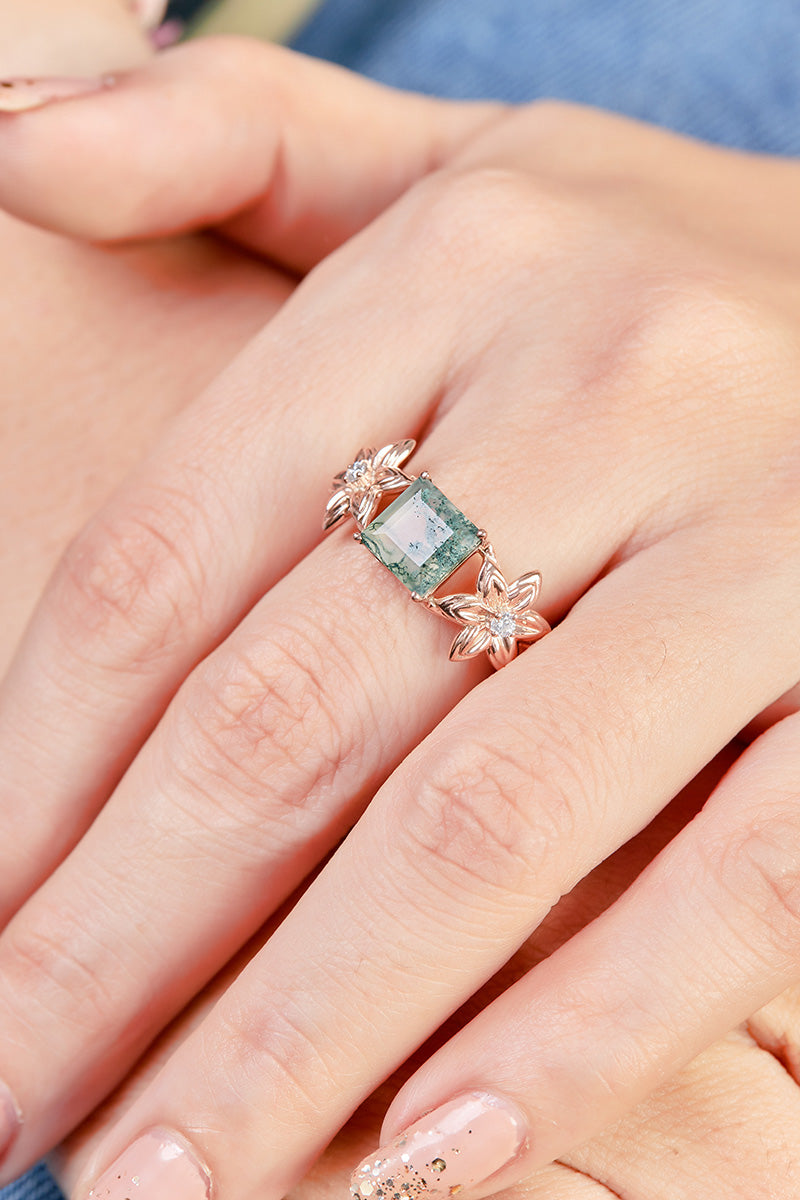 Flower Moss Agate Engagement Rings Nature Inspired Bridal Sets