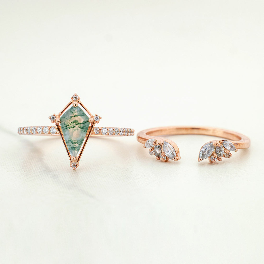 Kite Cut Moss Agate Bridal Ring Set Open Vintage Wedding Band