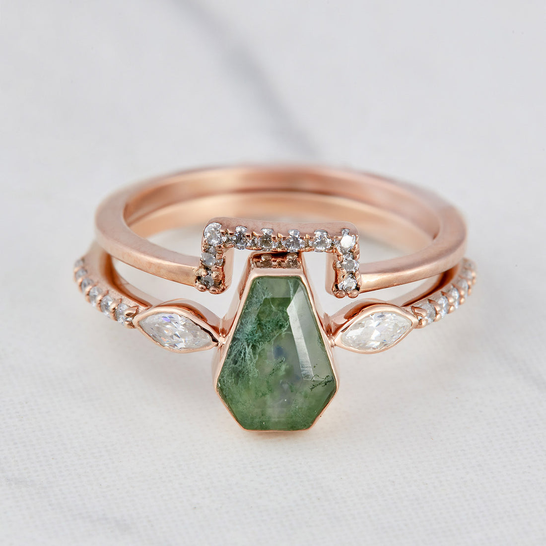Coffin Moss Agate Wedding Ring Set