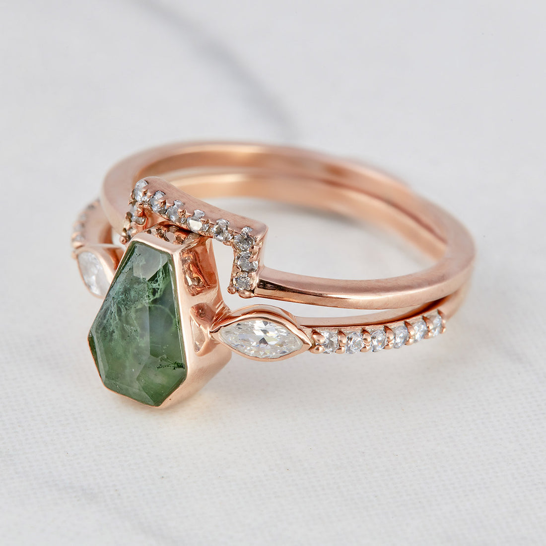 Coffin Moss Agate Wedding Ring Set