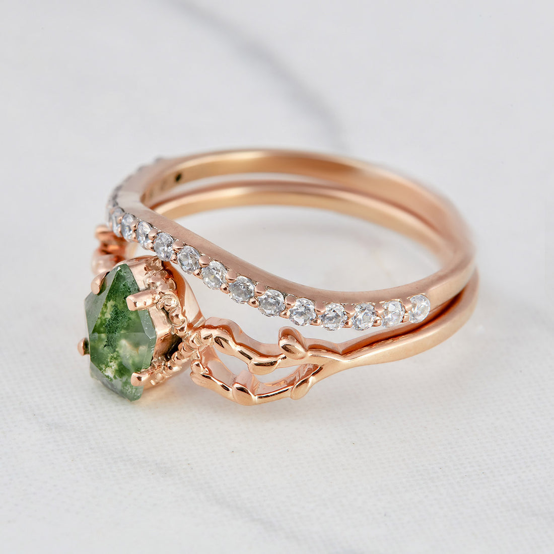 0.65CT Moss Agate Engagement Ring Set Shield Rose Cut Floral