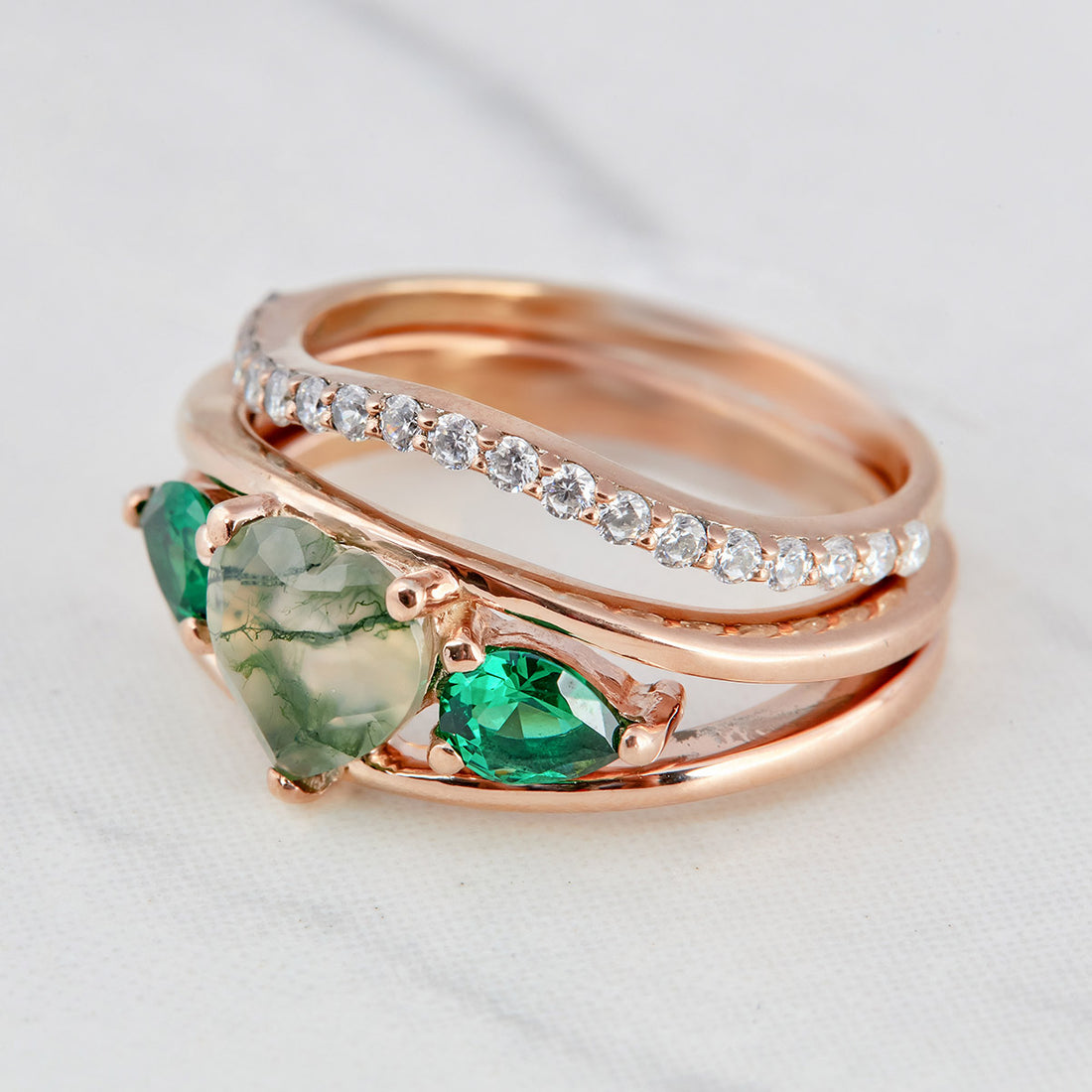 Moss Agate Promise Ring Set