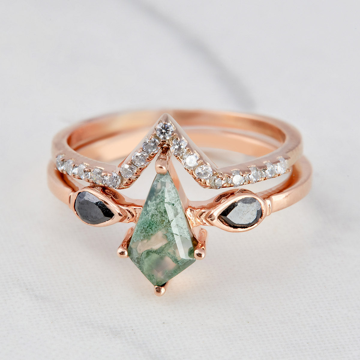 Kite Moss Agate Wedding Ring Set Rose Gold Engagement Rings