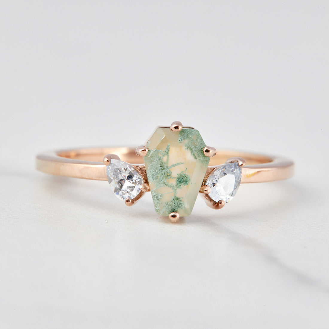 Coffin Cut Moss Agate Engagement Ring
